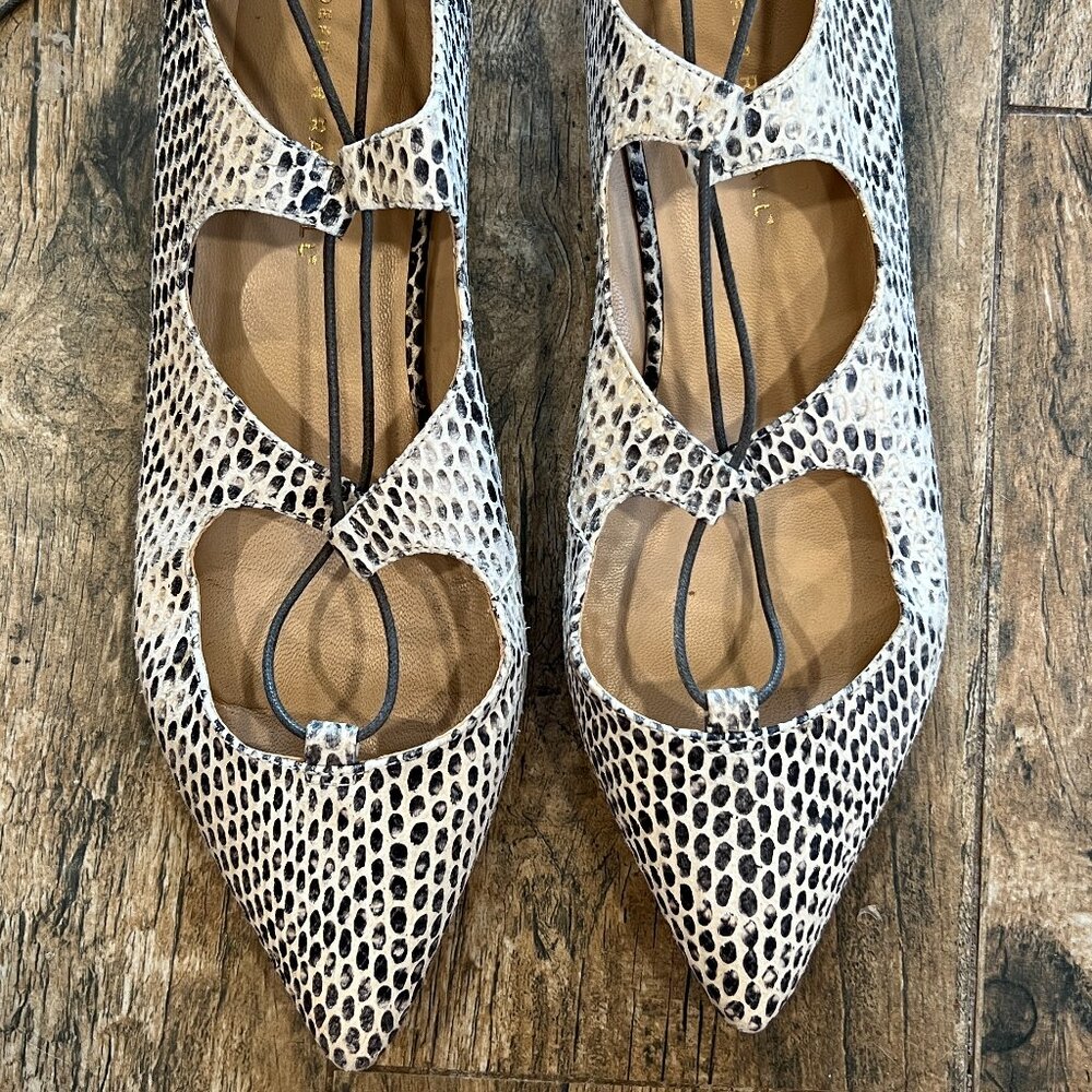 Loeffler Randall Ambra Flat Black White Snakeskin Lace Up Flats - Picture 2 of 9